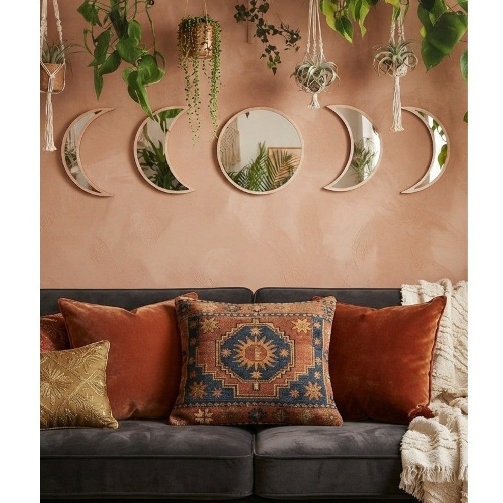 5 Piece Moon Phase Wall Mirror Set Bohemian Celestial Decor Natural Wood New